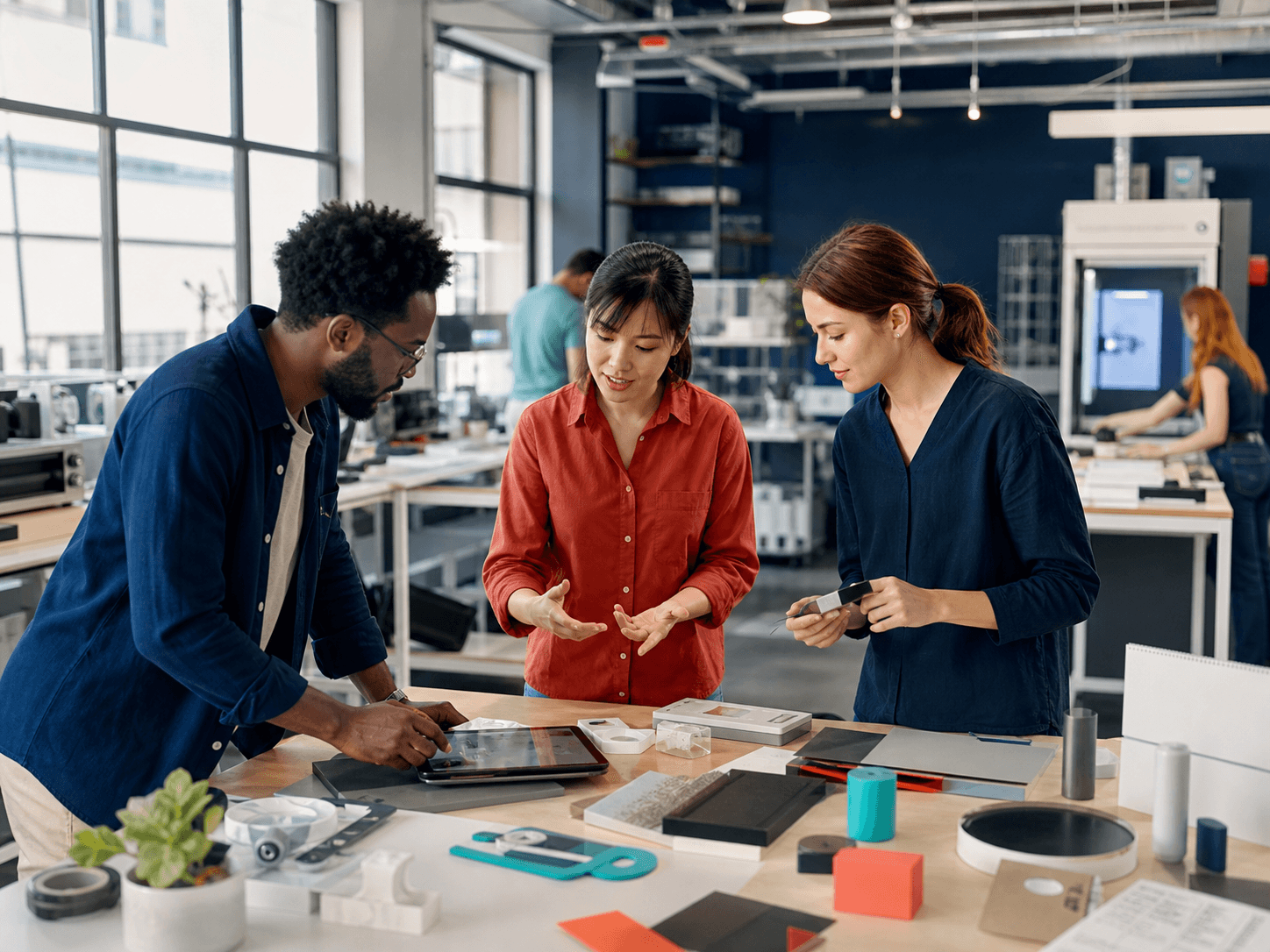 A creative production team collaborating around product prototypes