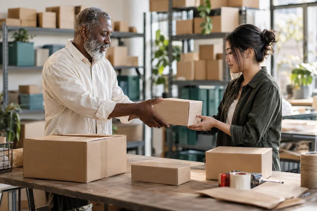 Two fulfillment team members packing customer orders together at a dispatch bench