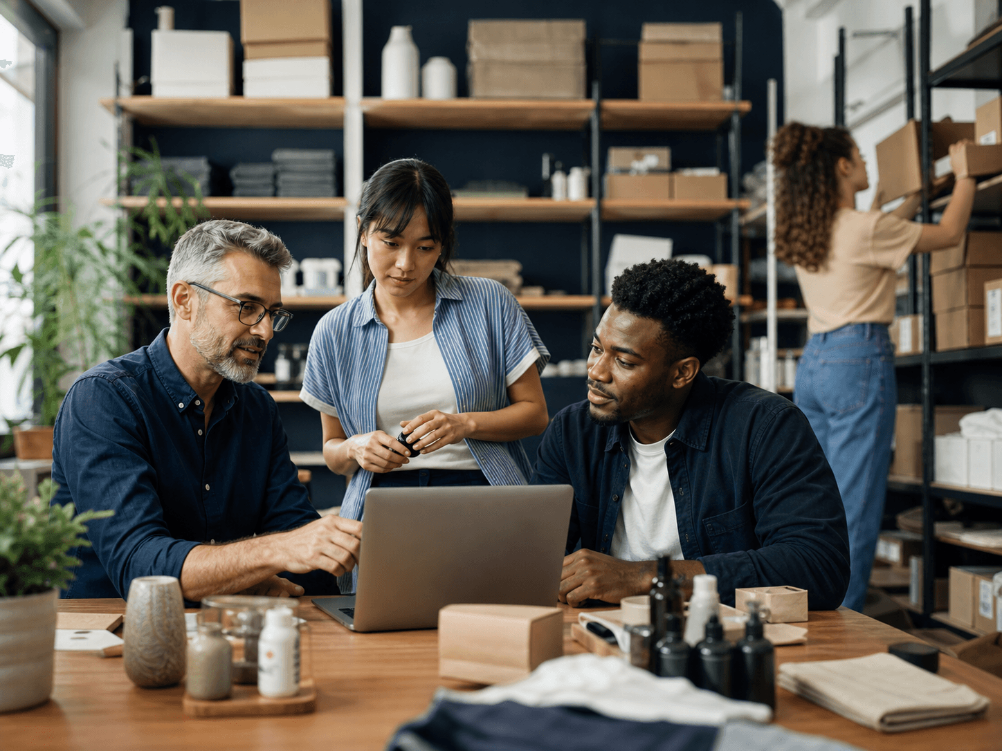 A retail and inventory team working together around a laptop