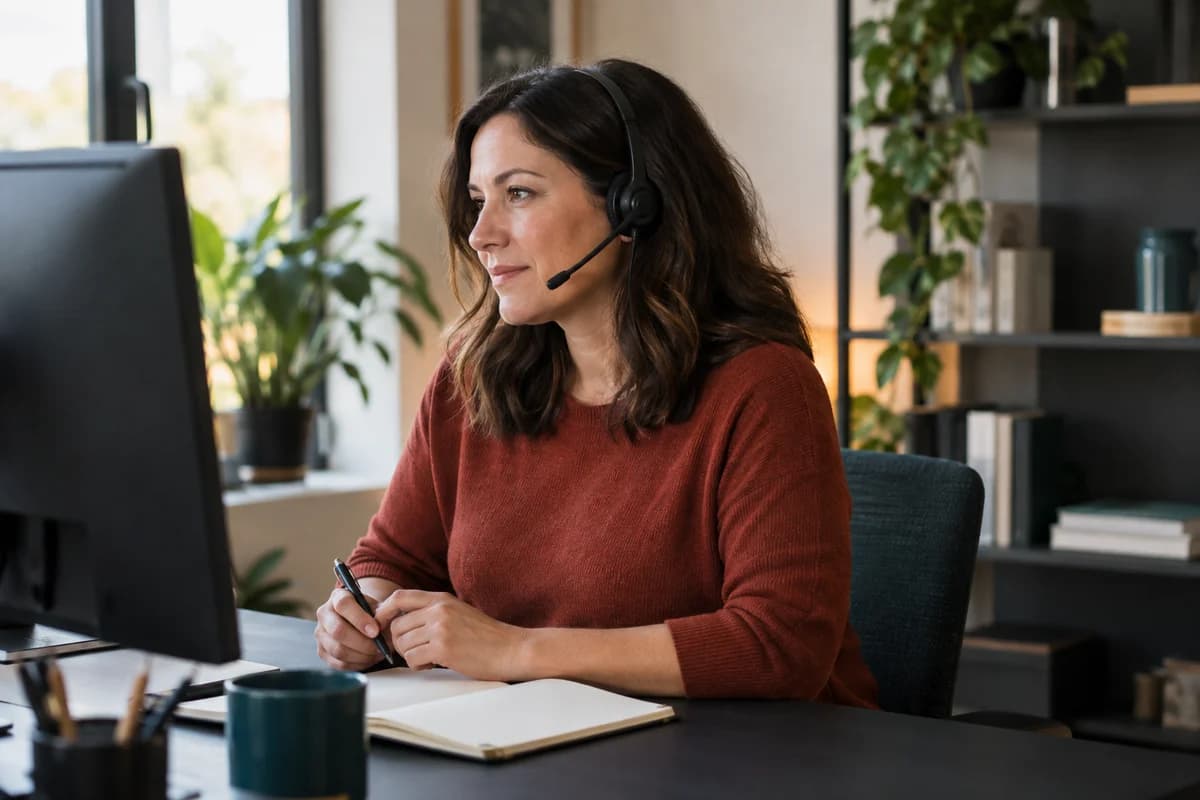 Service coordinator wearing a headset and working at a computer to handle customer inquiries