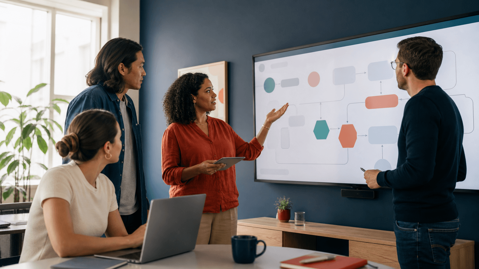 A cross-functional team reviewing a workflow map